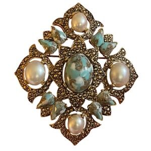 Sarah Coventry Vintage Brooch Pin Faux Pearl Turquoise Gold Tone Jewelry